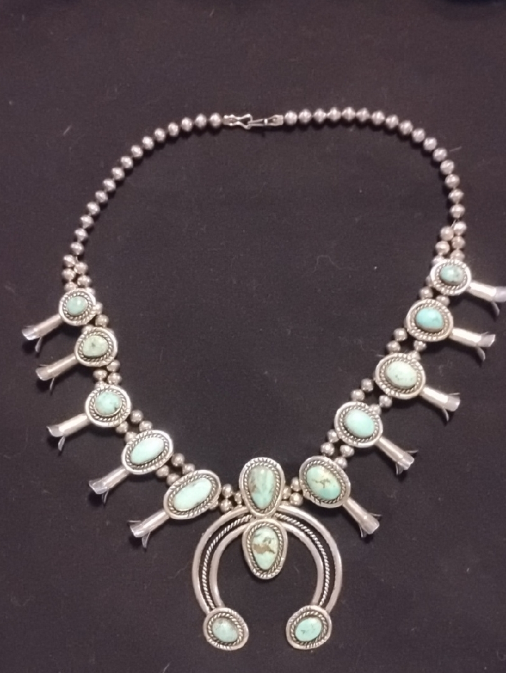 Beautiful Vintage Navajo Sterling Silver & Turquoise Squash Blossom Necklace